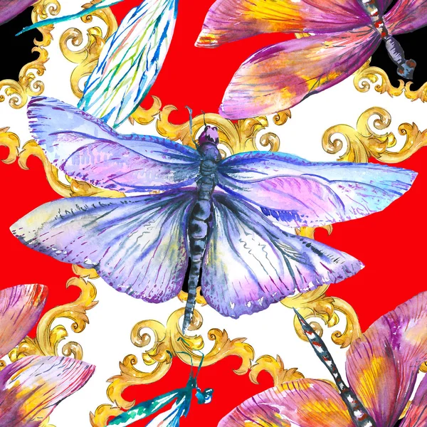 Exotiska trollslända vild insekt. Akvarell bakgrund illustration uppsättning. Sömlöst bakgrundsmönster. — Stockfoto
