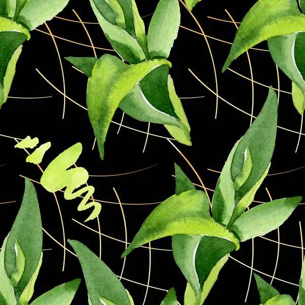 Bambu yeşil yaprakları. Suluboya arka plan illüstrasyon seti. Kesintisiz arka plan deseni. — Stok fotoğraf
