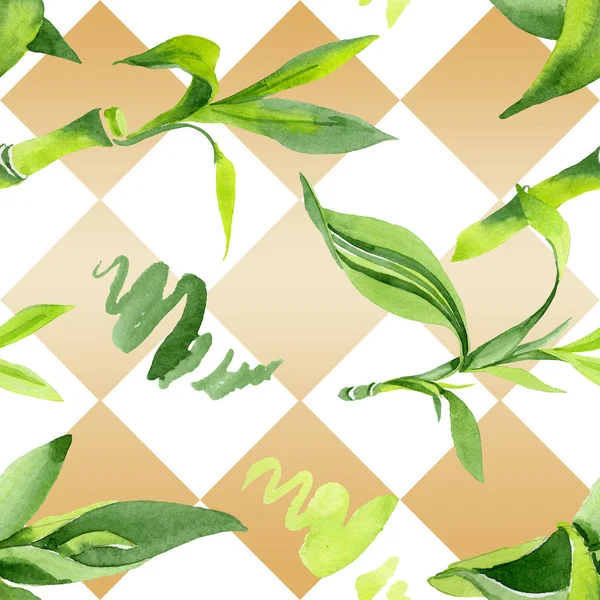Hojas verdes de bambú. Conjunto de ilustración de fondo acuarela. Patrón de fondo sin costuras . —  Fotos de Stock
