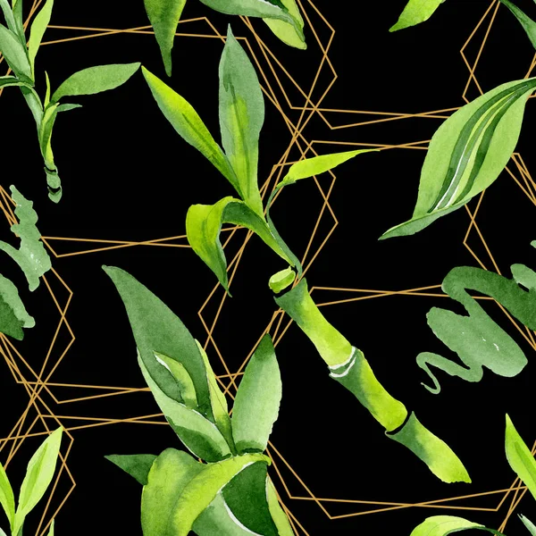 대나무 녹색 잎입니다. 수채화 배경 일러스트 세트입니다. 원활한 배경 패턴. — 스톡 사진