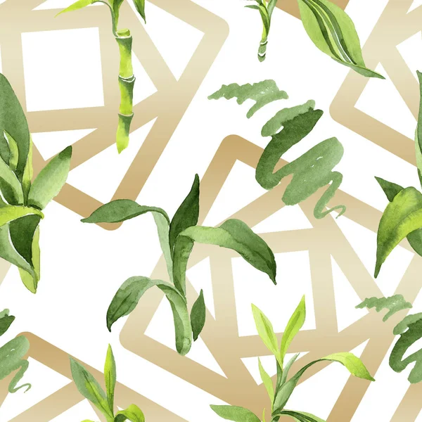 Hojas verdes de bambú. Conjunto de ilustración de fondo acuarela. Patrón de fondo sin costuras . — Foto de Stock