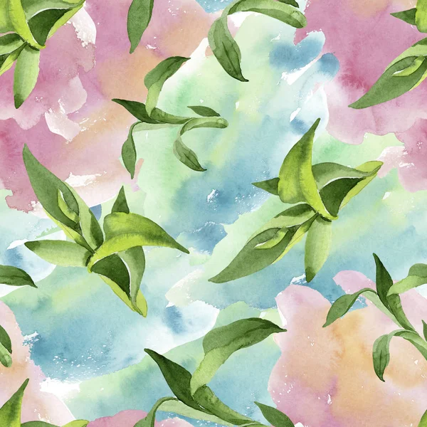 Bambu gröna blad. Akvarell bakgrund illustration uppsättning. Sömlöst bakgrundsmönster. — Stockfoto