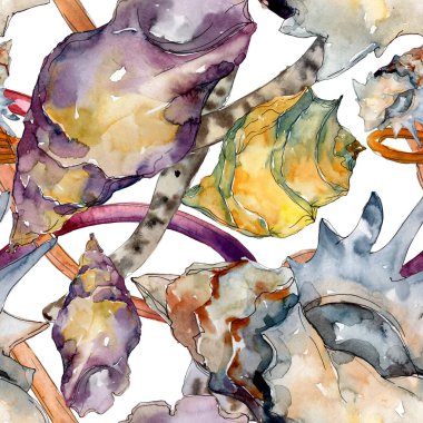 Yaz plaj deniz kabuğu tropikal unsurlar. Suluboya illüstrasyon seti. Kesintisiz arka plan deseni.