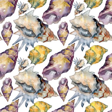 Yaz plaj deniz kabuğu tropikal unsurlar. Suluboya illüstrasyon seti. Kesintisiz arka plan deseni.