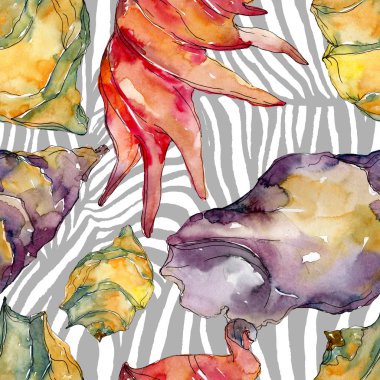 Yaz plaj deniz kabuğu tropikal unsurlar. Suluboya illüstrasyon seti. Kesintisiz arka plan deseni.