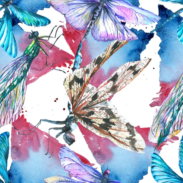 Exotic dragonfly wild insect. Watercolor background illustration set. Seamless background pattern.