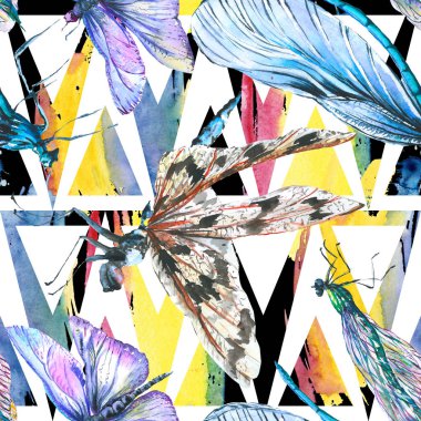 Egzotik yusufçuk vahşi böcek. Suluboya arka plan illüstrasyon seti. Kesintisiz arka plan deseni.