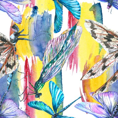 Egzotik yusufçuk vahşi böcek. Suluboya arka plan illüstrasyon seti. Kesintisiz arka plan deseni.