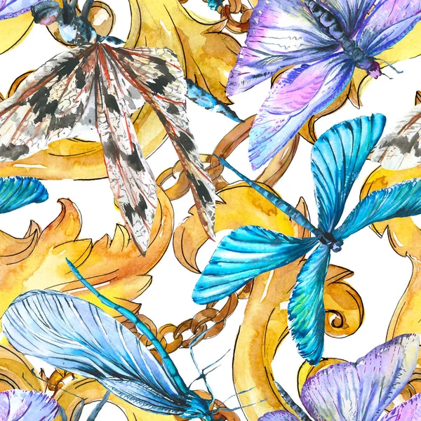 Inseto selvagem de libélula exótica. Conjunto de ilustração de fundo aquarela. Padrão de fundo sem costura . — Fotografia de Stock
