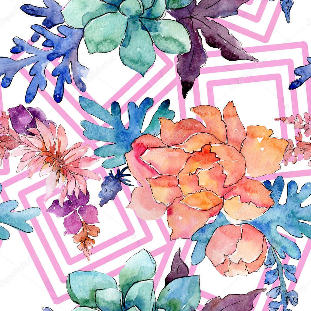 Floral botanical flowers composition. Watercolor background illustration set. Seamless background pattern.