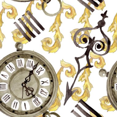 Vintage eski saat cep saati. Suluboya arka plan illüstrasyon seti. Kesintisiz arka plan deseni.