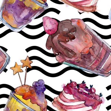 Suluboya tarzında lezzetli kek ve tatlı. Suluboya illüstrasyon seti. Kesintisiz arka plan deseni.