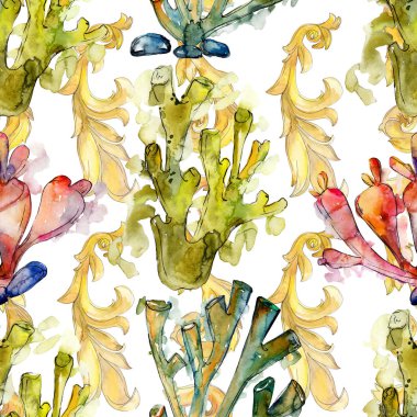 Renkli su sualtı doğa mercan kayalığı. Suluboya arka plan illüstrasyon küme. Sorunsuz arka plan deseni.