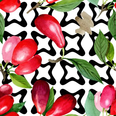 Kızılcık kırmızı meyve ve yeşil yaprakları. Suluboya arka plan illüstrasyon seti. Kesintisiz arka plan deseni.