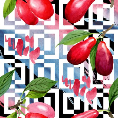 Kızılcık kırmızı meyve ve yeşil yaprakları. Suluboya arka plan illüstrasyon seti. Kesintisiz arka plan deseni.