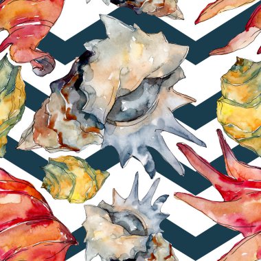 Yaz plaj deniz kabuğu tropikal unsurlar. Suluboya illüstrasyon seti. Kesintisiz arka plan deseni.