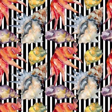 Yaz plaj deniz kabuğu tropikal unsurlar. Suluboya illüstrasyon seti. Kesintisiz arka plan deseni.