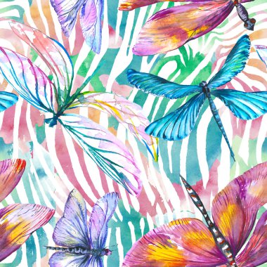 Egzotik yusufçuk vahşi böcek. Suluboya arka plan illüstrasyon seti. Kesintisiz arka plan deseni.