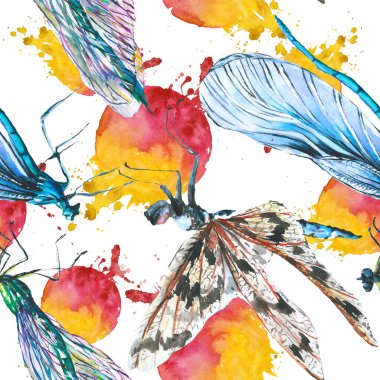 Egzotik yusufçuk vahşi böcek. Suluboya arka plan illüstrasyon seti. Kesintisiz arka plan deseni.