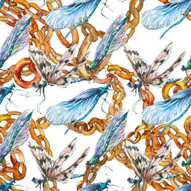 Egzotik yusufçuk vahşi böcek. Suluboya arka plan illüstrasyon seti. Kesintisiz arka plan deseni.