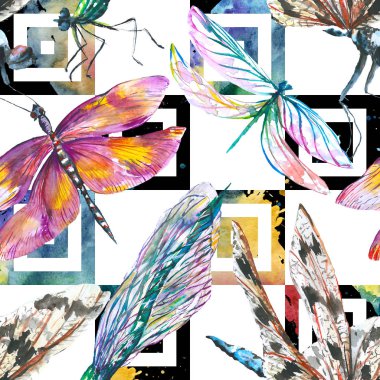 Egzotik yusufçuk vahşi böcek. Suluboya arka plan illüstrasyon seti. Kesintisiz arka plan deseni.