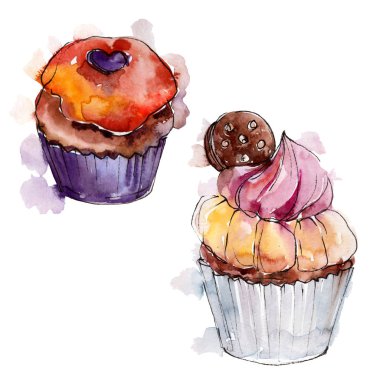 Lezzetli kek ve tatlı. Arka plan çizim seti. Suluboya çizim moda aquarelle izole.
