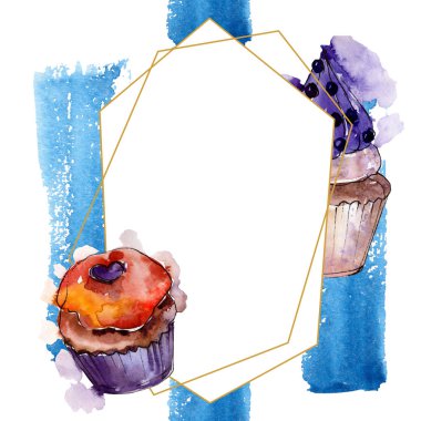 Lezzetli kek ve tatlı tatlı gıda. Suluboya backgriund illüstrasyon seti. Çerçeve kenarlık süs karesi.