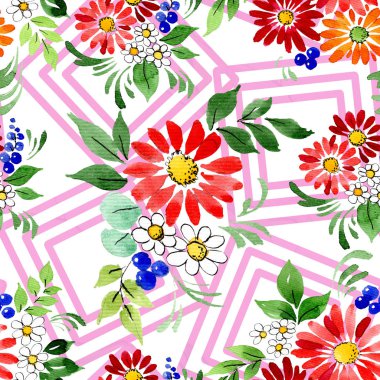 Buket çiçek botanik çiçekler. Suluboya arka plan illüstrasyon küme. Sorunsuz arka plan deseni.