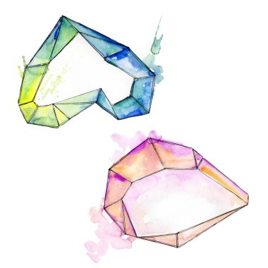 Renkli elmas kaya takı mineral. Suluboya arka plan illüstrasyon seti. Yalıtılmış kristal illüstrasyon elemanı.