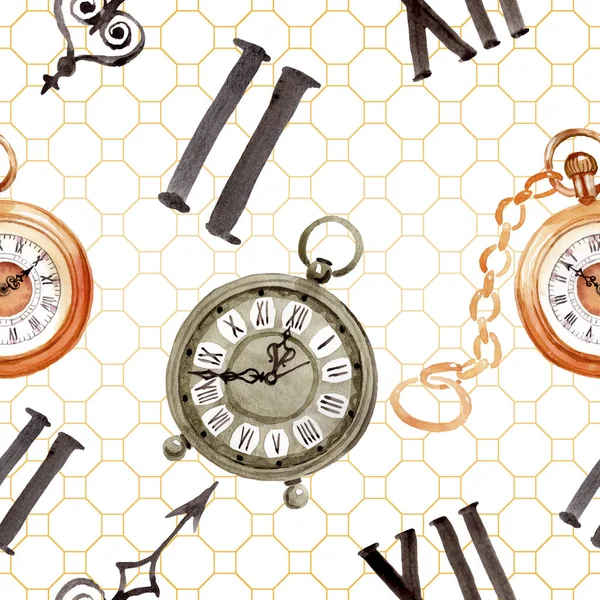 Reloj de bolsillo antiguo vintage. Conjunto de ilustración de fondo acuarela. Patrón de fondo sin costuras . — Foto de Stock