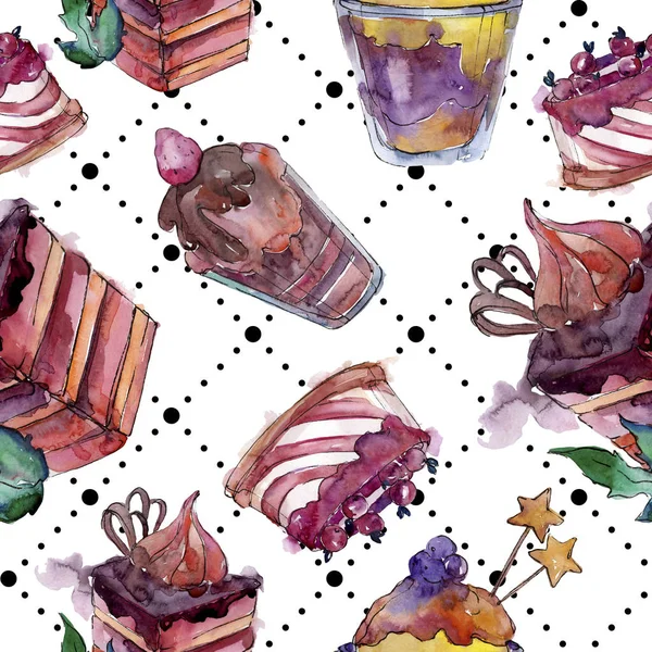 Tasty cake and dessert in a watercolor style. Watercolour illustration set. Seamless background pattern. — Stock Photo, Image