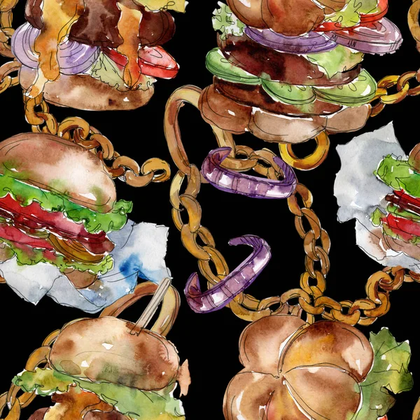 Hamburger Fast Food isoliert. Aquarell Hintergrundillustration Set. nahtlose Hintergrundstruktur. — Stockfoto