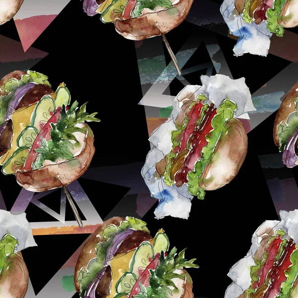 Hamburguesa de comida rápida aislada. Conjunto de ilustración de fondo acuarela. Patrón de fondo sin costuras . —  Fotos de Stock