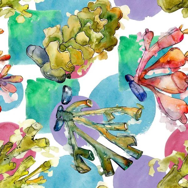Recifes de corais aquáticos subaquáticos coloridos. Conjunto de ilustração de fundo aquarela. Padrão de fundo sem costura . — Fotografia de Stock