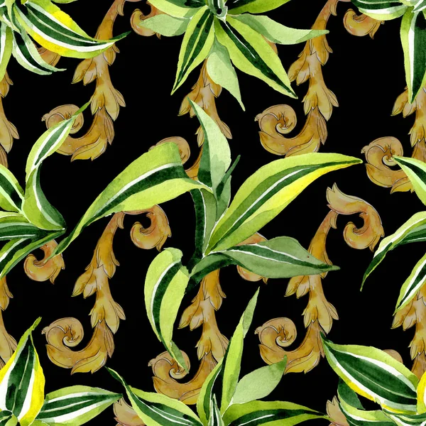 Зеленые листья Драсены. Листья растительные ботанические цветочные листья. Набор акварельных рисунков. Бесшовный рисунок фона . — стоковое фото