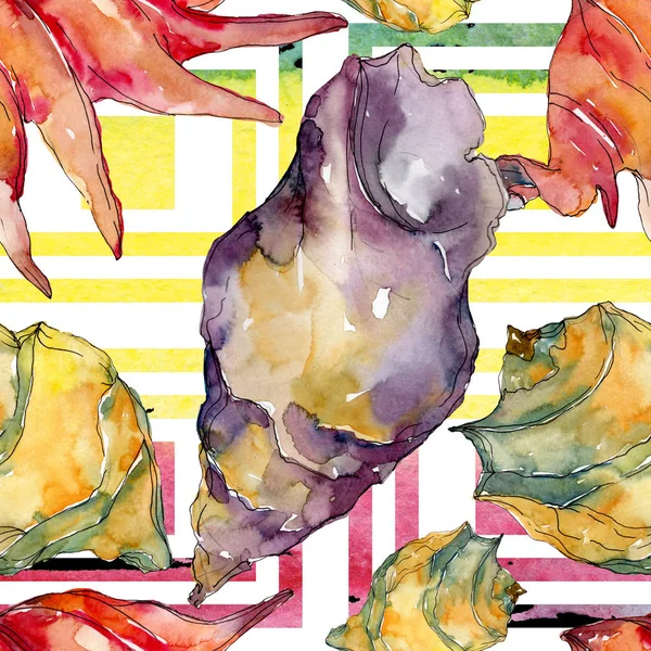 Summer beach seashell tropical elements. Watercolor illustration set. Seamless background pattern. — Stock Photo, Image