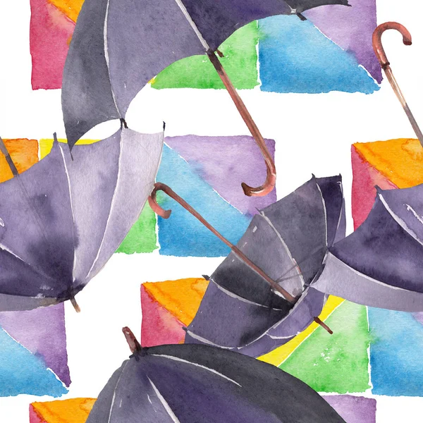 Paraguas negro con. Conjunto de ilustración de fondo acuarela. Patrón de fondo sin costuras . — Foto de Stock