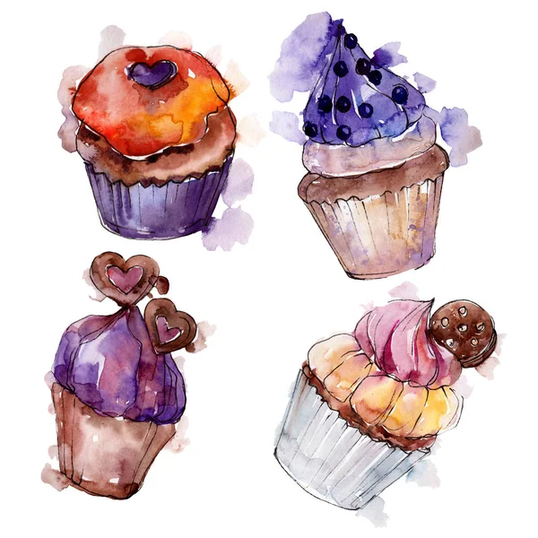 Sabroso cupcake y postre. Conjunto de ilustración de fondo. Acuarela dibujo moda aquarelle aislado . — Foto de Stock