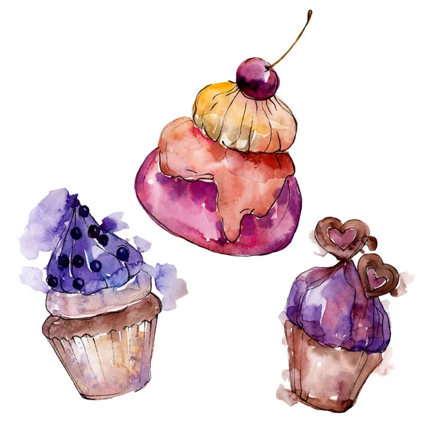 Välsmakande cupcake och efterrätt. Bakgrundsbild uppsättning. Akvarell ritning Fashion Aquarelle isolerad. — Stockfoto