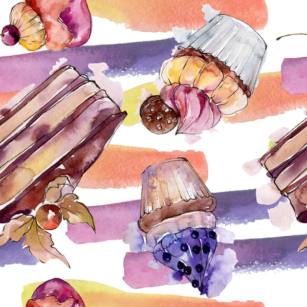 Smakelijke cupcake en dessert in een aquarel stijl. Aquarel illustratie instellen. Naadloos achtergrond patroon. — Stockfoto