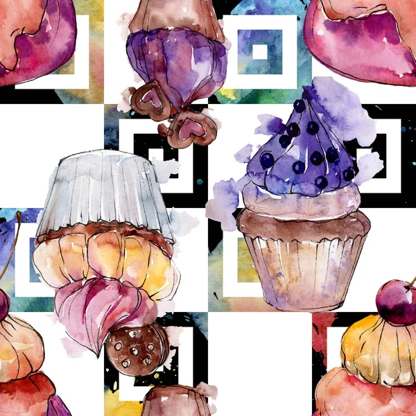 Smakelijke cupcake en dessert in een aquarel stijl. Aquarel illustratie instellen. Naadloos achtergrond patroon. — Stockfoto