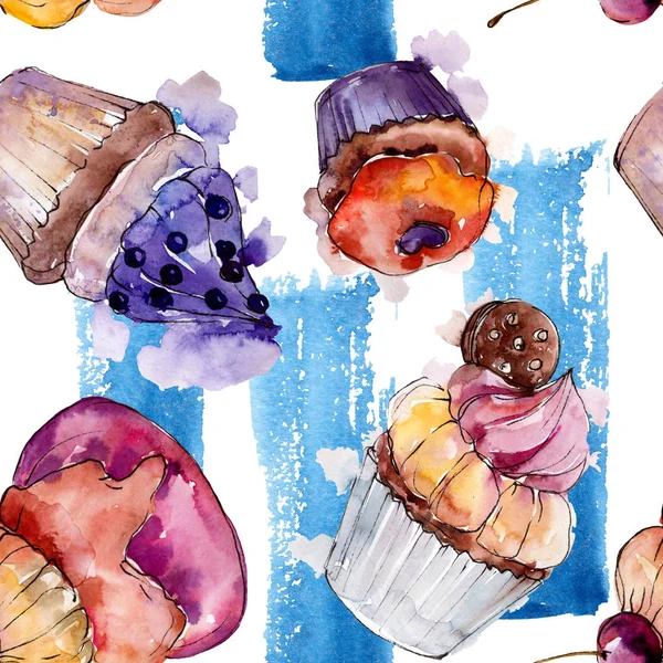 Smakelijke cupcake en dessert in een aquarel stijl. Aquarel illustratie instellen. Naadloos achtergrond patroon. — Stockfoto