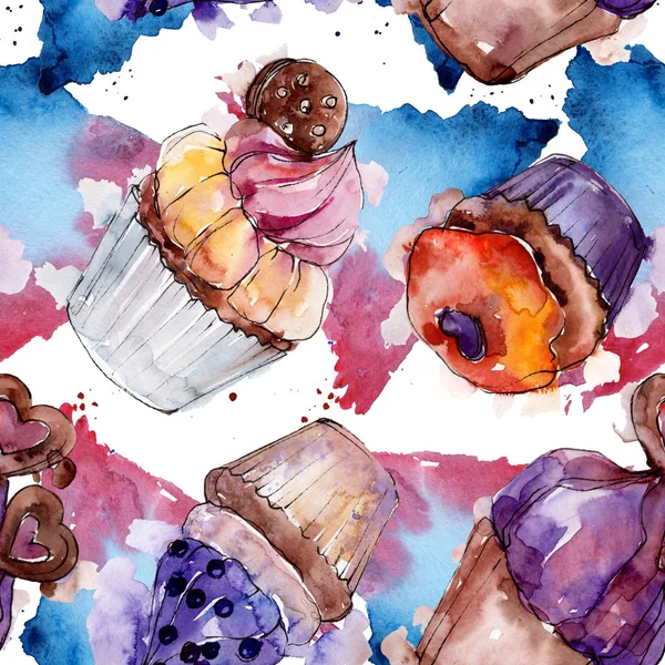 Leckere Cupcake und Dessert im Aquarell-Stil. Aquarell-Illustrationsset. nahtloses Hintergrundmuster. — Stockfoto