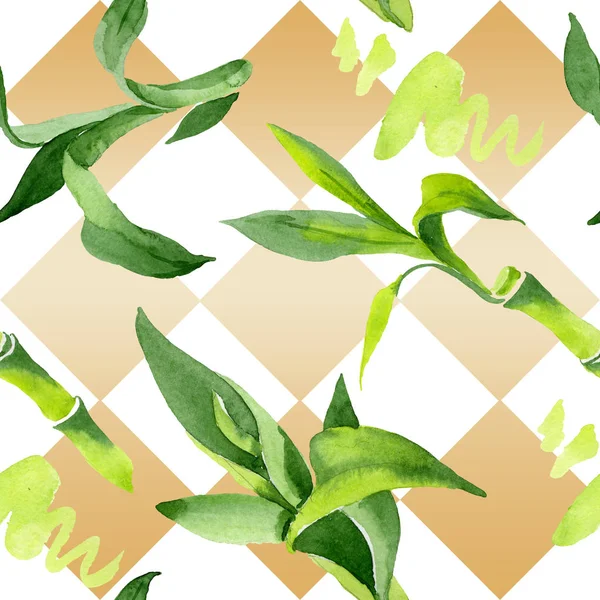 Bambusowe zielone liście. Akwarela zestaw ilustracji tła. Płynny wzór tła. — Zdjęcie stockowe
