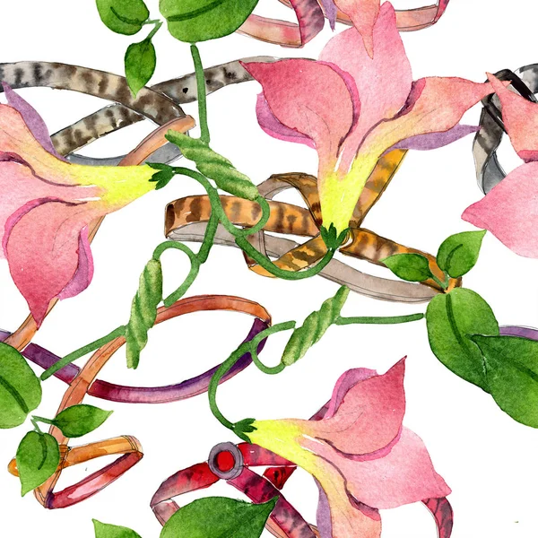 Rosa mandevilla flores botánicas florales. Acuarela ilustración fondo conjunto. Patrón de fondo sin costuras . — Foto de Stock