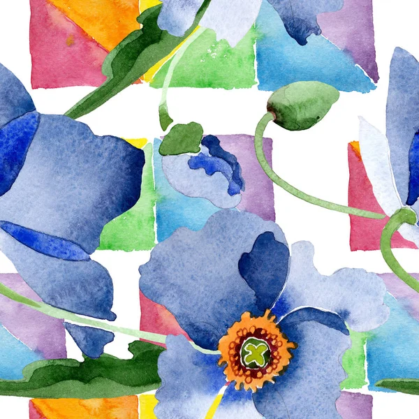 Сині макові квіткові ботанічні квіти. Набір ілюстрацій для акварельного фону. Безшовний візерунок тла . — стокове фото