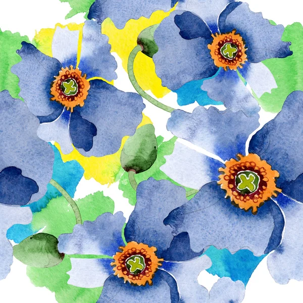 Flores botánicas florales de amapola azul. Conjunto de ilustración de fondo acuarela. Patrón de fondo sin costuras . — Foto de Stock