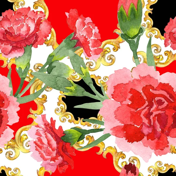 Kırmızı dianthus çiçek botanik çiçekler. Suluboya arka plan illüstrasyon seti. Kesintisiz arka plan deseni. — Stok fotoğraf