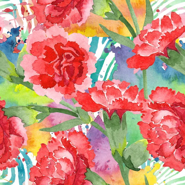 Kırmızı dianthus çiçek botanik çiçekler. Suluboya arka plan illüstrasyon seti. Kesintisiz arka plan deseni.