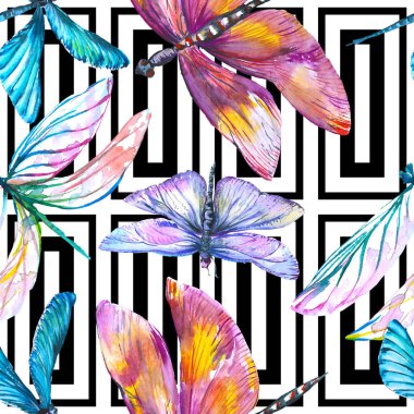 Egzotik yusufçuk vahşi böcek. Suluboya arka plan illüstrasyon seti. Kesintisiz arka plan deseni.